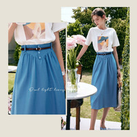 Olrain欧芮儿牛仔蓝半身裙女夏季高腰时尚腰带中长款大摆伞裙 牛仔蓝 160/68A/M