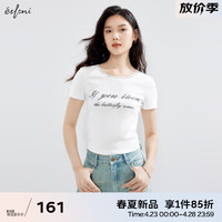 伊芙丽（eifini）伊芙丽时髦字母印花蕾丝大圆领短款修身T恤女2024夏装上衣女 本白色 160/84A/M