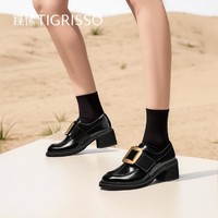 tigrisso 蹀愫 2024春新金属方扣乐福鞋粗跟优雅深口单鞋皮鞋