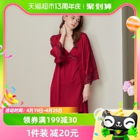 88VIP：FENTENG 芬腾 晨袍睡衣女士夏季冰丝睡袍春秋红色结婚本命年吊带睡裙两件套