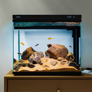 SUNSUN 森森 超白玻璃鱼缸XHE-380(黑)可增氧客厅小型桌面家用水族箱免安装