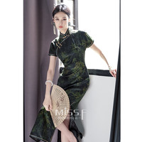 四小姐国风真丝古法香云纱旗袍夏季2024女新中式民国风女装 竹影 XL