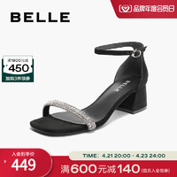 BeLLE 百丽 水钻一字带高跟凉鞋女款2024夏季新款鞋子方跟单鞋B1A1DBL4