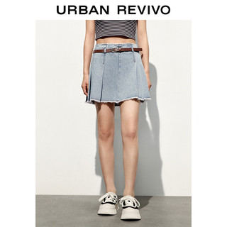 URBAN REVIVO UR2024夏季女装时尚休闲腰带装饰毛边牛仔半裙UWL840089 蓝色 XS