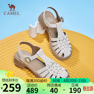 骆驼（CAMEL）罗马鞋女文艺风牛皮织丁字搭扣粗跟凉鞋 L24M153671 米白 38