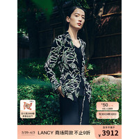 朗姿/LANCY2024春季黑白印花法式修身V领薄衬衫港风碎花外套 黑色 XL