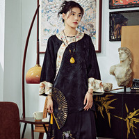 陌遇2024年春夏中国风改良刺绣中长款茶服新中式禅意唐装上衣 黑色 S