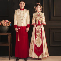 龍曼尼仕 金色秀禾服装2023新娘结婚礼服中式婚纱古装嫁衣敬酒服 金色红边秀禾双袖款（仅女装） XL 金色红边秀禾（仅女装）