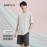 三福男夏季凉爽抗菌睡衣套装 宅家口袋刺绣宽松家居服480115 灰色 M