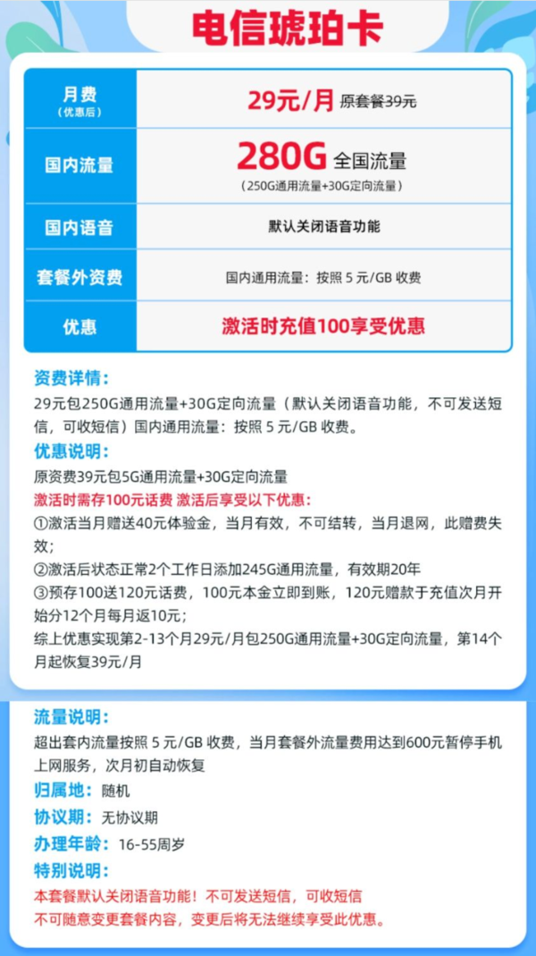 CHINA TELECOM 中国电信 琥珀卡 首年29元/月（250G通用流量+30G定向流量）