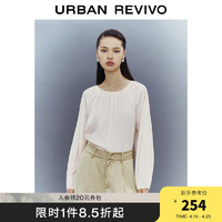 URBAN REVIVO UR2024春季女装法式温柔压褶绑带圆领罩衫衬衫UWG240051 米白 S