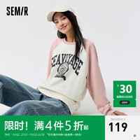 Semir 森马 卫衣女中长款宽松插肩袖2024春季做旧印花上衣 白红色调00316 160/84A/M