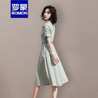 ROMON 罗蒙 夏衬连衣裙女气质中长款收腰显瘦小个子裙子 豆绿色 M 105-120斤