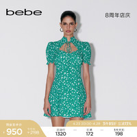 bebe 春夏系列女印花系带泡泡袖连衣裙250018