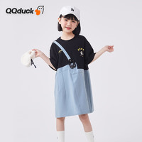 QQ duck 可可鸭 童装女童连衣裙儿童短袖裙子中大童夏装衣服单肩背带黑色；160