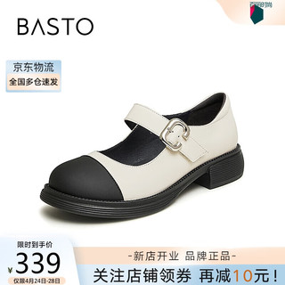 BASTO 百思图 24春时尚玛丽珍真皮粗跟小皮鞋女单鞋VHN46AQ4 米白/黑 37