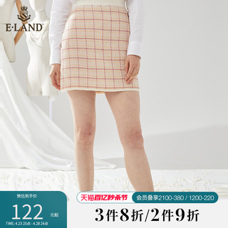 E·LAND 衣恋 Eland衣恋新款仿花呢格纹A字型短裙松紧腰针织套装半身裙