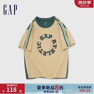 Gap男童2024夏季纯棉拼接织带logo短袖T恤儿童装上衣890535 浅卡其 120cm(XS)亚洲尺码