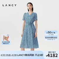 朗姿/LANCY2024夏季法式气质真丝印花连衣裙女短袖V领A字裙 雾霾蓝色2 S