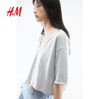 H&M2024夏季女装V领T恤1234178 混浅灰色 165/96