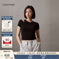 Calvin Klein Jeans24春夏女士简约字母休闲纯色性感露肩短袖T恤J223338 BEH-太空黑 S