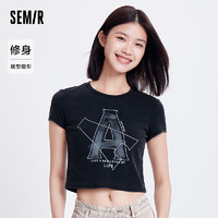 森马（Semir）短袖T恤女短款字母修身潮流2024复古做旧夏装 黑色90001 160/84A/M