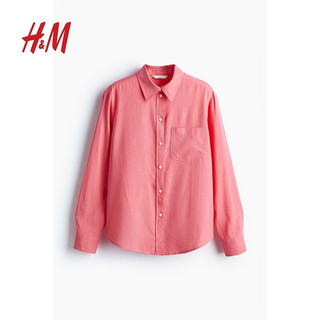 H&M 女装2024夏季休闲翻折领亚麻混纺衬衫1213682 粉色 155/80