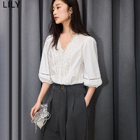 LILY2024夏女装舒适全棉气质温柔浪漫都市通勤套头雪纺衫衬衫 601白色 L