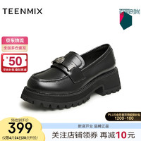 TEENMIX 天美意 2024春商场同款厚底英伦小皮鞋单鞋女乐福鞋BI321AA4 黑色 40