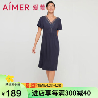 Aimer 爱慕 内衣睡衣女V领蕾丝花边短袖简约柔软舒适睡裙家居服天使花园AM447131深蓝色160