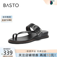 BASTO 百思图 2024夏时尚复古休闲户外一字带坡跟女拖鞋M1071BT4 黑色 35
