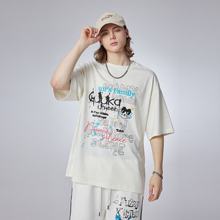 古由卡（GUUKA）美式猫咪涂鸦短袖T恤男夏季 休闲简约纯棉上衣宽松百搭潮 奶油白F4631 XS