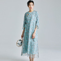 陌遇2024年春夏中国风真丝印花系带圆领大码旗袍新中式连衣裙 湛蓝色 S