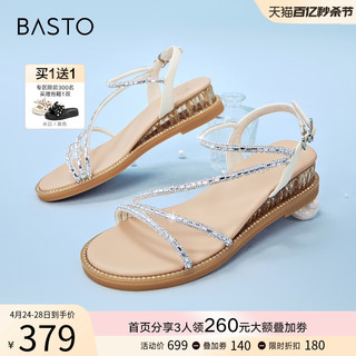 BASTO 百思图 2024夏季商场新款时尚休闲罗马凉鞋坡跟女绑带凉鞋TW705BL4