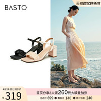 BASTO 百思图 夏季新款时尚简约仙女风水钻一字带粗高跟女凉鞋A1225BL3