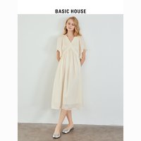 百亿补贴：BASICHOUSE 百家好 Basic House/百家好V领赫本风连衣裙女2023纯色收腰泡泡袖裙子