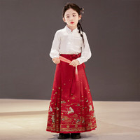 安妮优儿（Anneyol）马面裙女童套装春季儿童汉服裙子2024古风服装女孩中国风古装 红色织锦套装 160