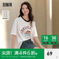 森马（Semir）短袖T恤女中长款复古印花小众2024夏季吸湿排汗宽松上衣 本白10101 155/80A/S