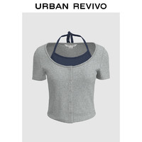 URBAN REVIVO UR2024夏季女装时尚设计感撞色假两件系带短袖T恤UWV440138 花灰 S