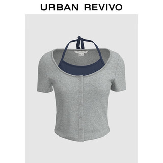 URBAN REVIVO UR2024夏季女装时尚设计感撞色假两件系带短袖T恤UWV440138 花灰 S