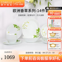 CORELLE 康宁餐具 美国进口耐热玻璃汤碗盘子套装欧洲香草餐具整套送礼 餐具套装 14件套