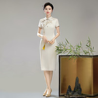 秀觀唐宁梅2024夏装复古改良新国风女装绣花日常高档修身旗袍 香槟色 L