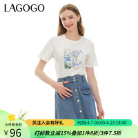 lagogo拉谷谷白色卡通休闲T恤2024年夏季圆领短袖简约上衣女 本白色(V1) XL