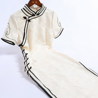 戚薇改良米色旗袍2024夏季少女年轻款复古国风优雅气质连衣裙 米色 M