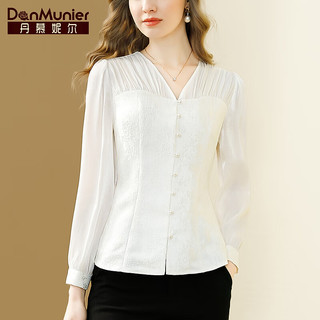 丹慕妮尔法式提花高级感白色衬衫女2024春季气质v领长袖上衣 米白色 S
