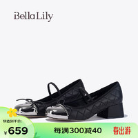 Bella Lily2024春季菱格小香风玛丽珍鞋女羊皮单鞋粗跟高跟鞋 黑色 35