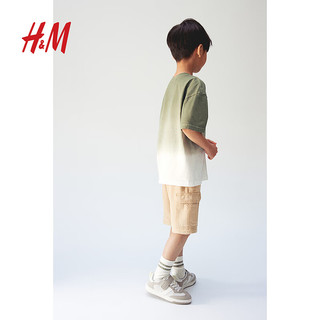 H&M2024春季童装男童图案装饰棉质T恤1228191 卡其绿/渐变色 150/76