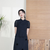 布符2024年夏季青黛泡泡袖拼接包边女士唐装上衣中式立领国风 青黛色 XXL