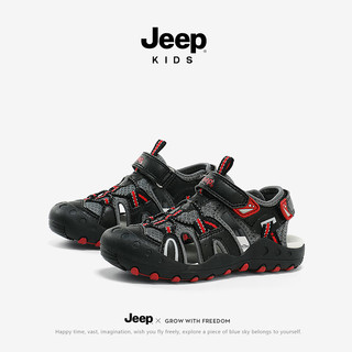 Jeep男童凉鞋夏季软底防滑溯溪女童鞋子2024运动包头儿童沙滩童鞋 黑红 34码 鞋内长约22.2cm