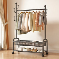 圣诺依琳晾衣架落地卧室挂衣架带筐可移动晾衣杆多功能晒衣收纳架 双80黑 双层80黑【置物网篮款】带滚轮